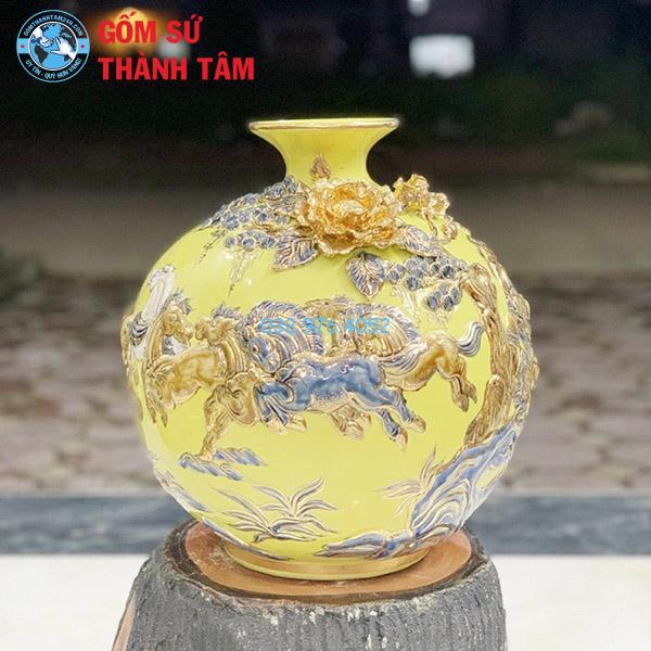 Bình hút lộc mệnh thổ mã đáo thành công đắp nổi vẽ vàng