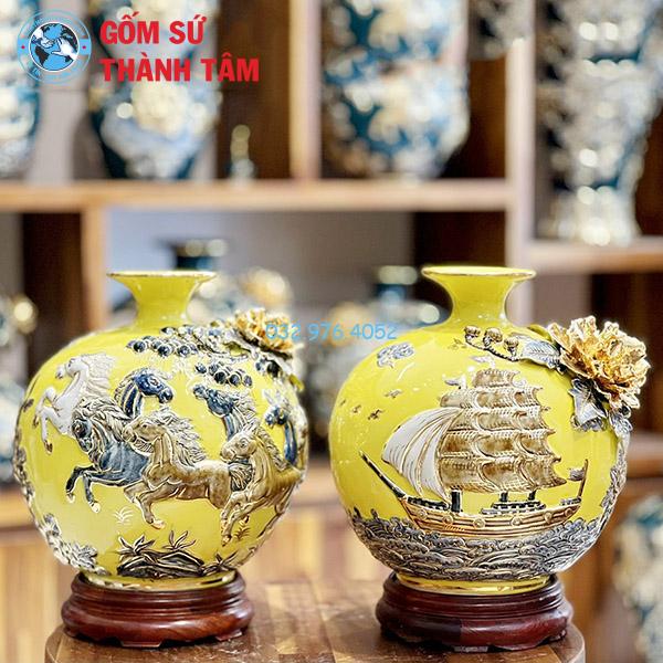 Bình hút lộc mệnh thổ mã đáo thành công đắp nổi vẽ vàng