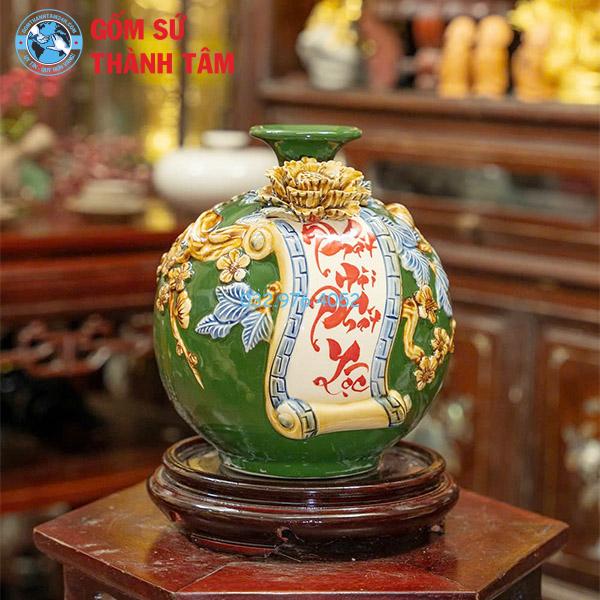 Bình hút lộc mệnh kim mã hoa sen đắp nổi vẽ vàng