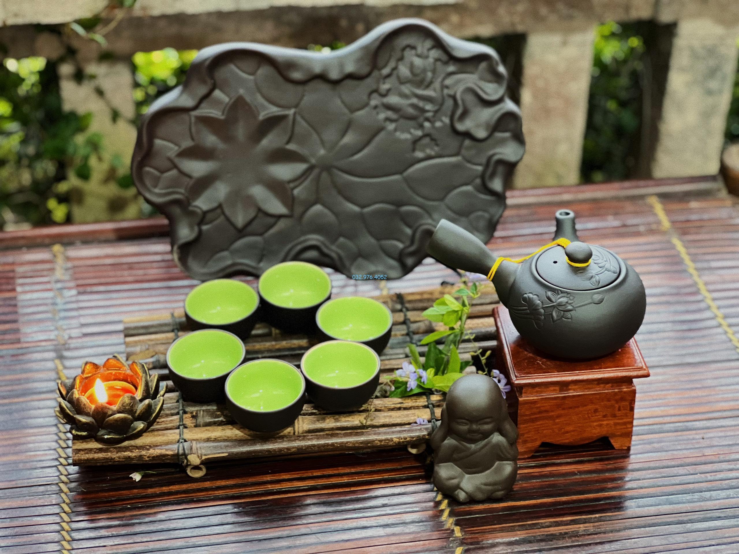 Bộ Ấm Chén Tử Sa Đen Khay Lá Cao Cấp
