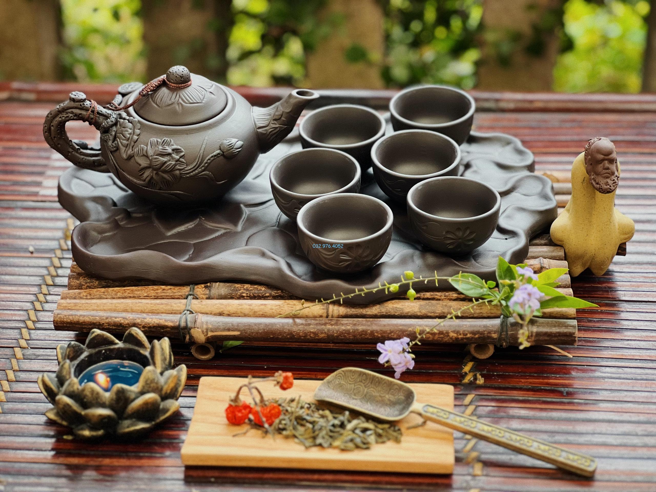 Bộ Ấm Chén Tử Sa Đen Khay Lá Cao Cấp