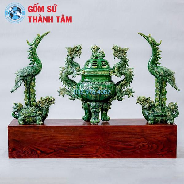 Bộ đồ thờ men ngọc lục bảo lư hương đỉnh hạc