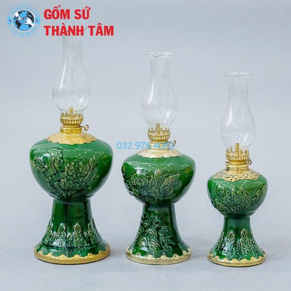 Bộ đồ thờ men ngọc lục bảo rời sen đèn dầu