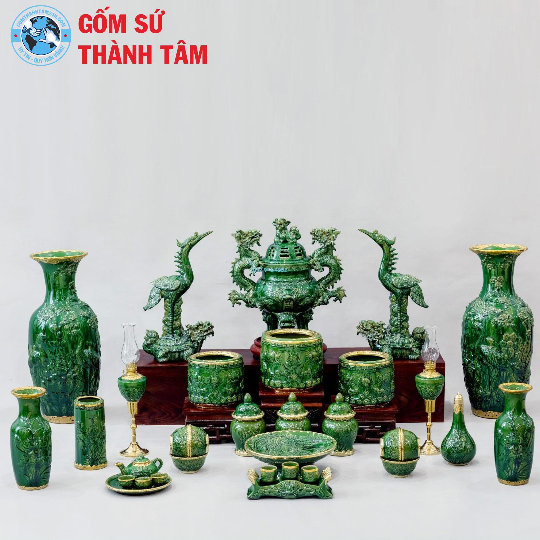 Bộ đồ thờ men ngọc lục bảo tổng thể rồng bát hương có đỉnh hạc