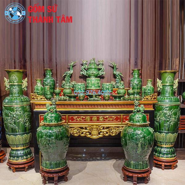 Bộ đồ thờ men ngọc lục bảo tổng thể rồng bát hương có đỉnh hạc