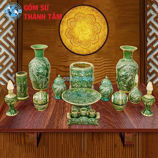 Bộ đồ thờ men ngọc lục bảo tổng thể rồng bát hương treo tường