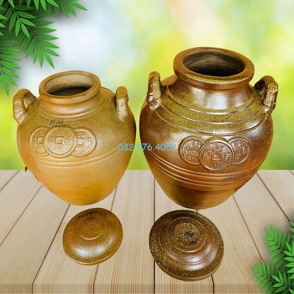 Chum Sành Cổ Đắp Nổi Đồng Xu Men Lì