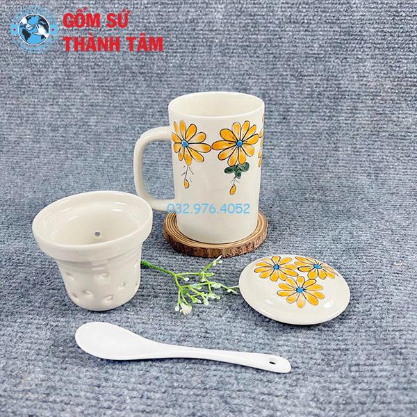 Cốc Lọc Trà Men Kem Vẽ Hoa Văn