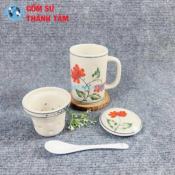 Cốc Lọc Trà Men Kem Vẽ Hoa Văn
