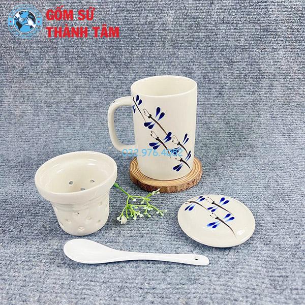 Cốc Lọc Trà Men Kem Vẽ Hoa Văn