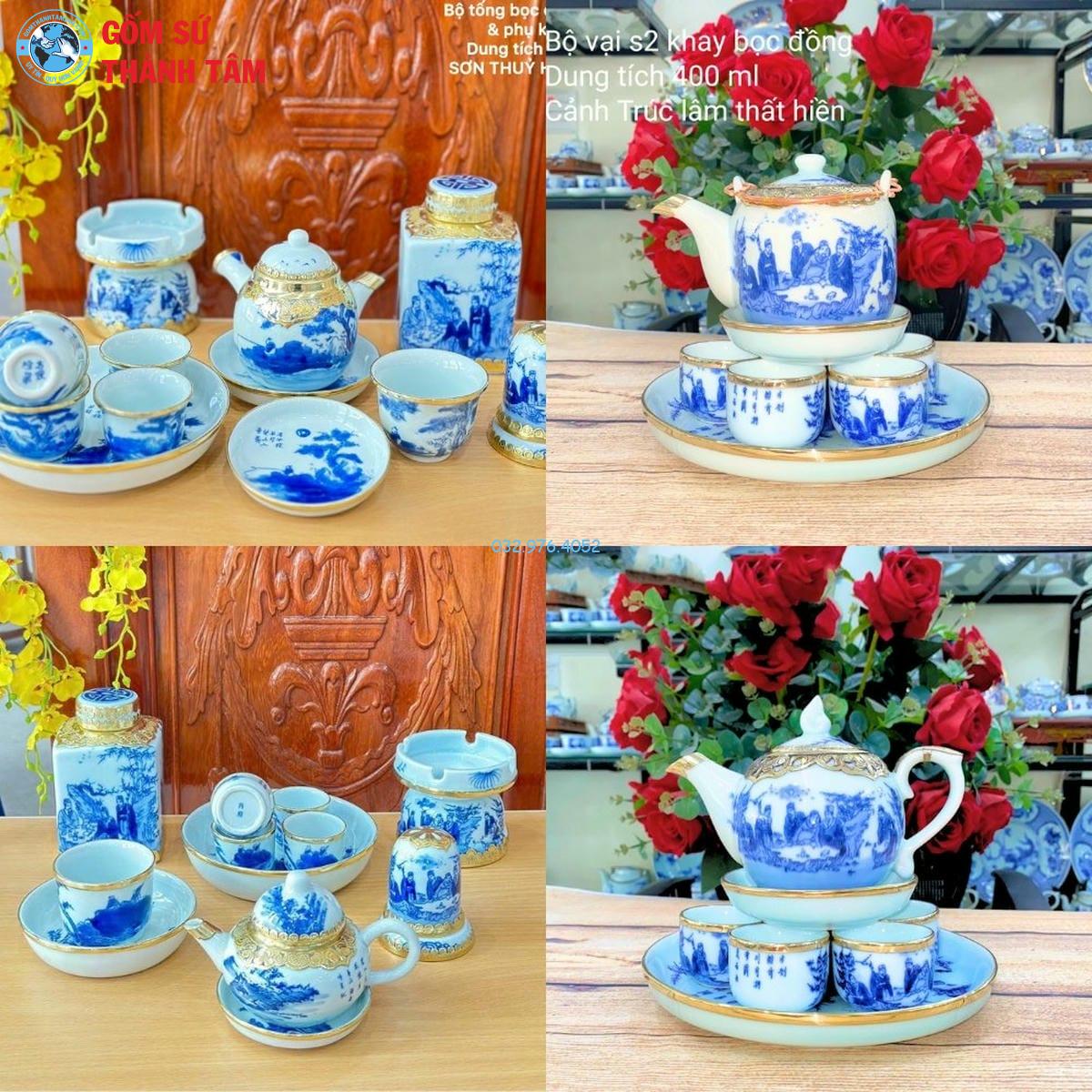 Combo Ấm Chén Men Lam Bọc Đồng | Khay Tròn