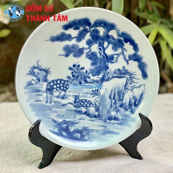 Đĩa sứ lưu niệm trắng họa tiết xanh