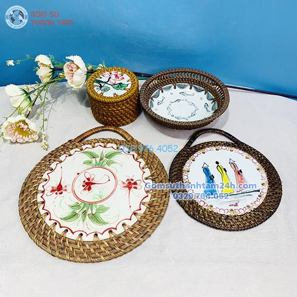 đĩa sứ viền mây tre đan