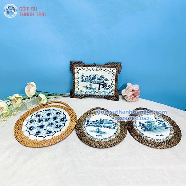 đĩa sứ viền mây tre đan
