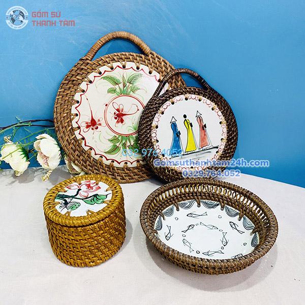 đĩa sứ viền mây tre đan