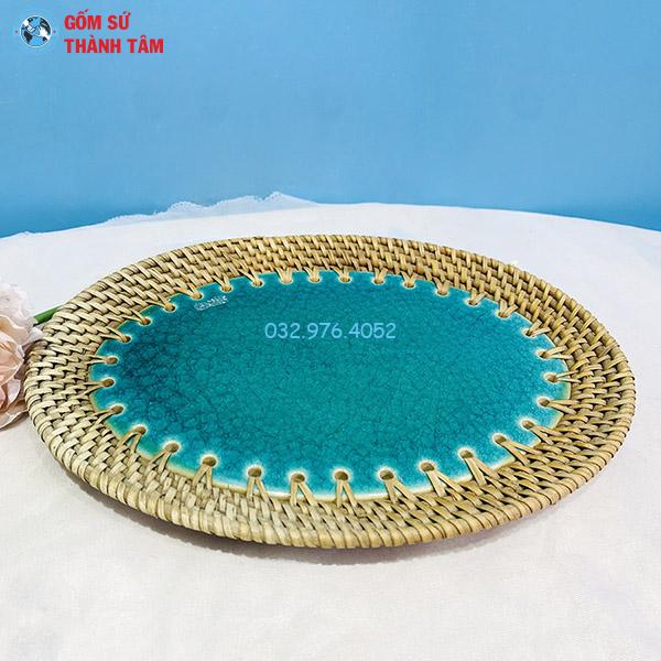 Đĩa sứ viền mây tre đan bầu dục