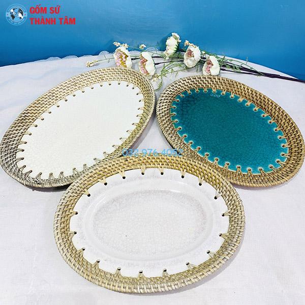 Đĩa sứ viền mây tre đan bầu dục