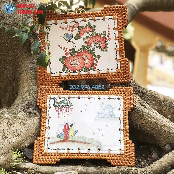Đĩa sứ viền mây tre đan chữ nhật