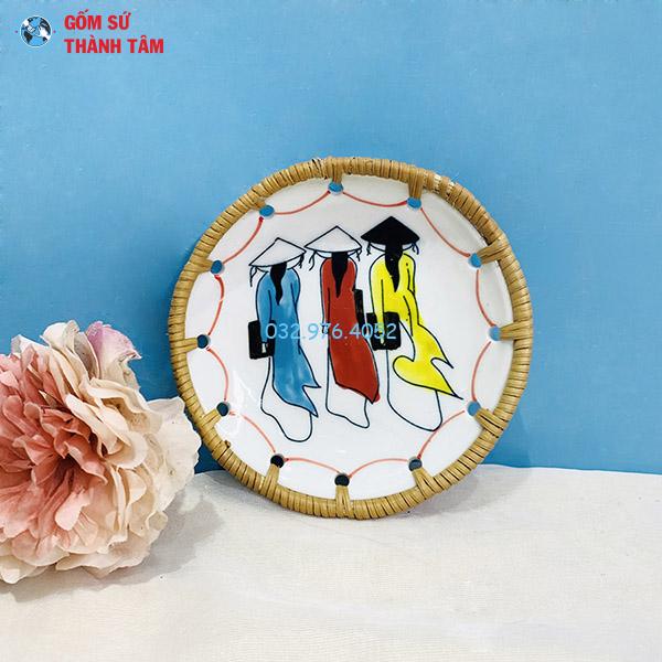 Đĩa sứ viền mây tre đan giỏ hoa quả