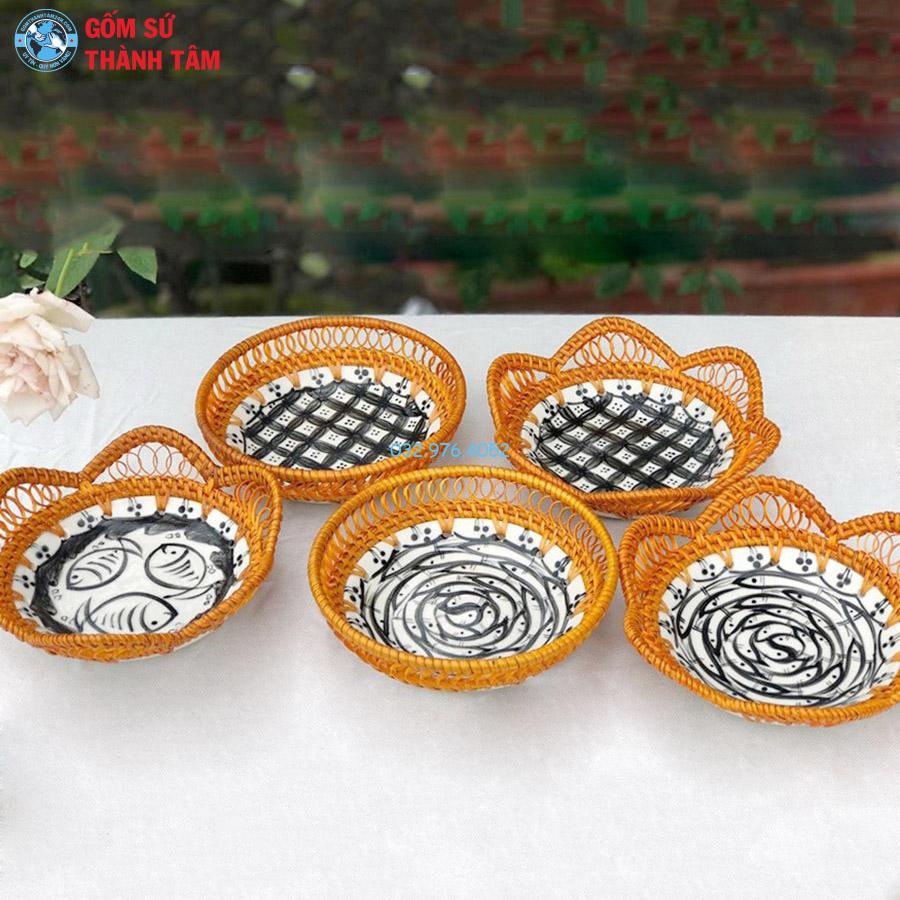 Đĩa sứ viền mây tre đan giỏ hoa quả