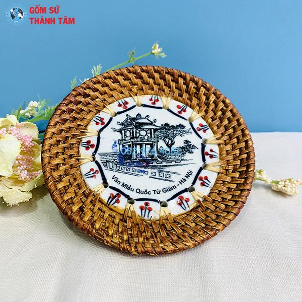Đĩa sứ viền mây tre đan tròn kê cốc
