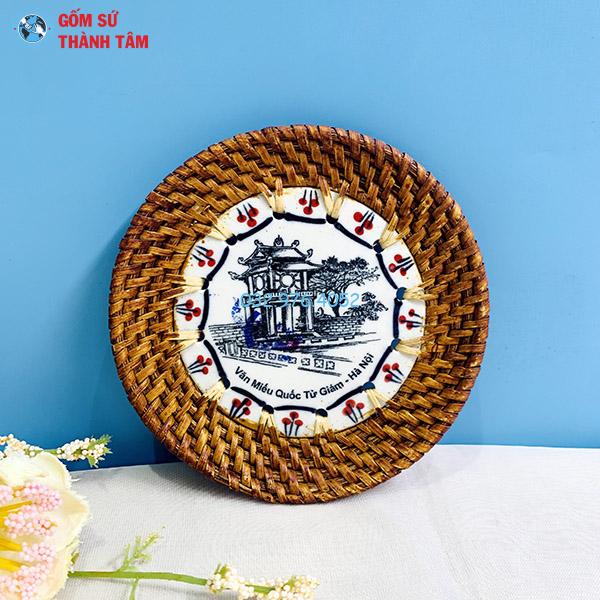 Đĩa sứ viền mây tre đan tròn kê cốc
