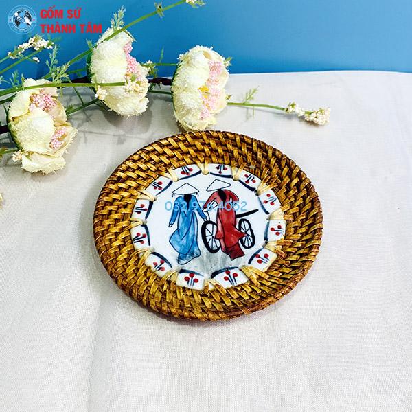 Đĩa sứ viền mây tre đan tròn kê cốc