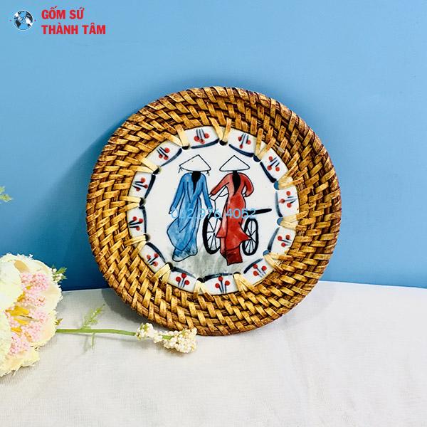 Đĩa sứ viền mây tre đan tròn kê cốc