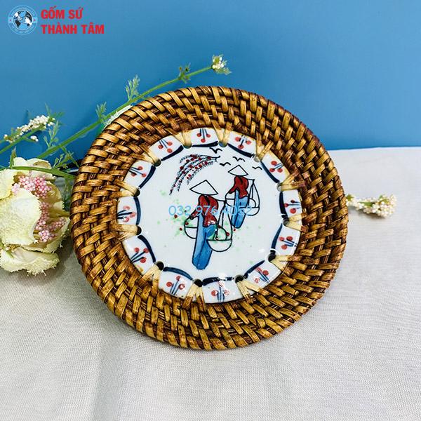 Đĩa sứ viền mây tre đan tròn kê cốc