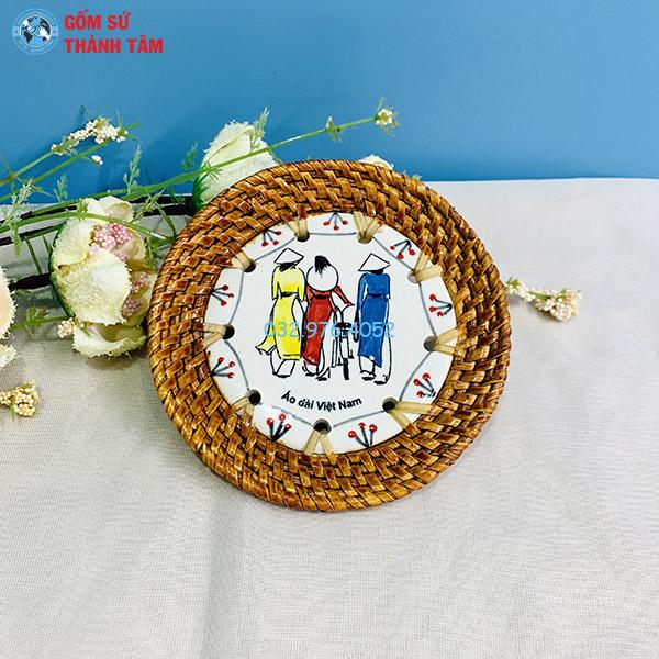 Đĩa sứ viền mây tre đan tròn kê cốc