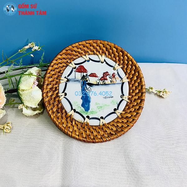 Đĩa sứ viền mây tre đan tròn kê cốc