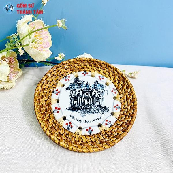 Đĩa sứ viền mây tre đan tròn kê cốc