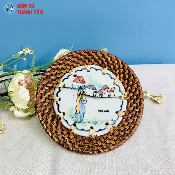 Đĩa sứ viền mây tre đan tròn kê cốc