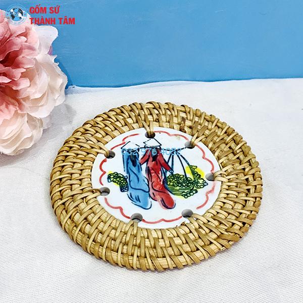 Đĩa sứ viền mây tre đan tròn kê cốc