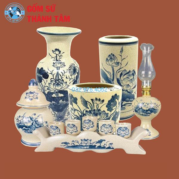 Đồ thờ men rạn tràm cổ tổng thể sen thần tài