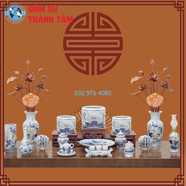 Đồ thờ vẽ vàng tổng thể sen ba bát hương không đỉnh hạc