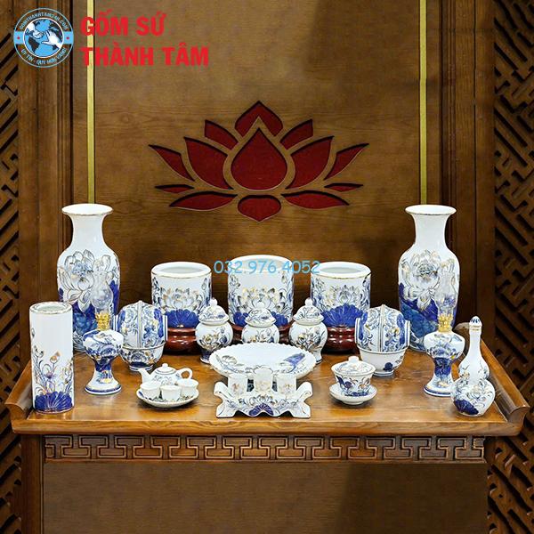 Đồ thờ vẽ vàng tổng thể sen ba bát hương không đỉnh hạc
