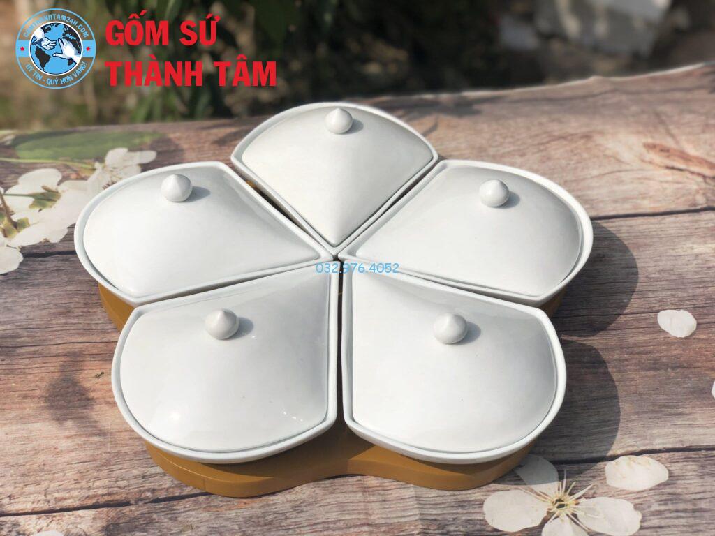 Khay đựng mứt kẹo hoa mai nắp sứ khay gỗ