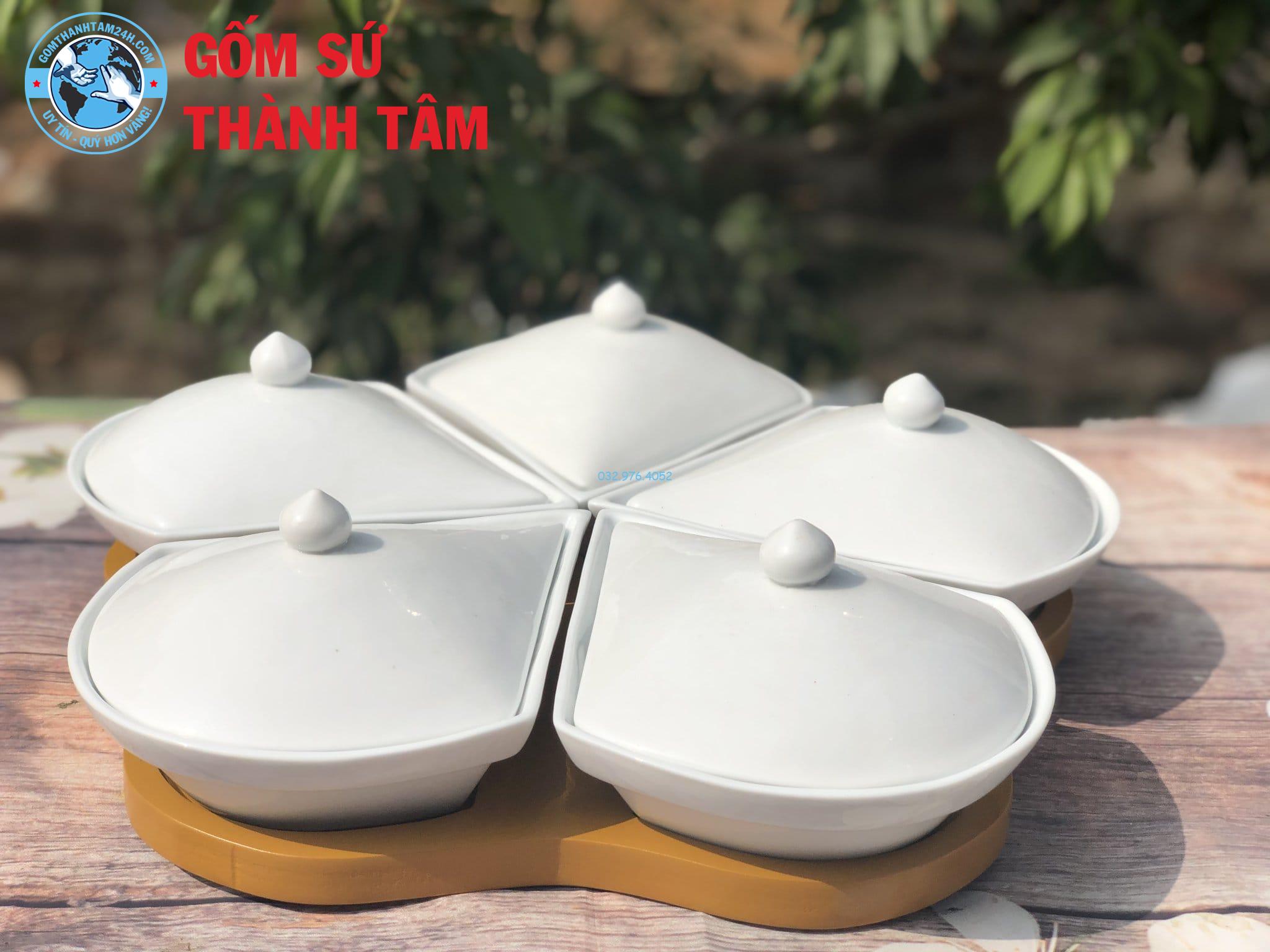 Khay đựng mứt kẹo hoa mai nắp sứ khay gỗ