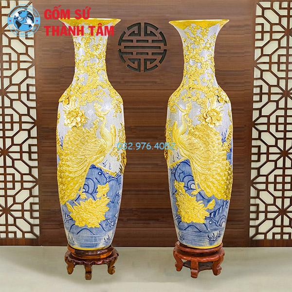 Lọ lục bình bọc đồng dát vàng chim công phú quý