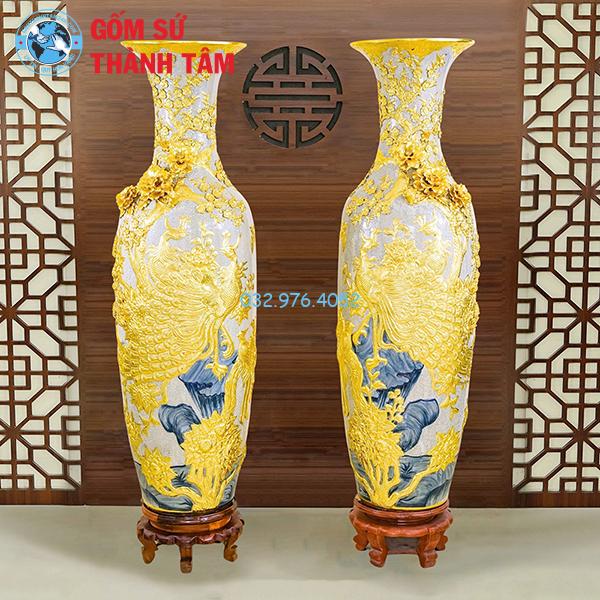 Lọ lục bình bọc đồng dát vàng chim công phú quý