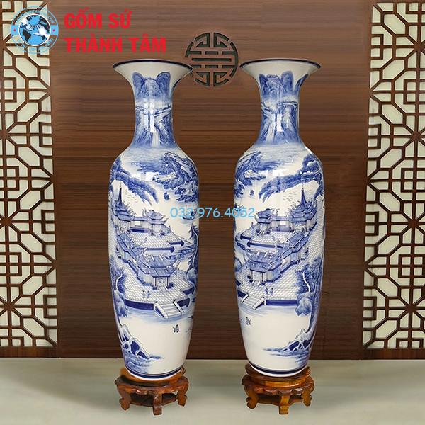 Lọ lục bình trơn vẽ xanh tùng chùa