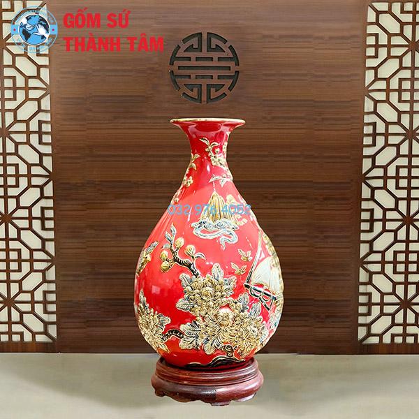 Lục Bình Tỳ Bà Đắp Nổi Men Đỏ Vẽ 24K Cao Cấp
