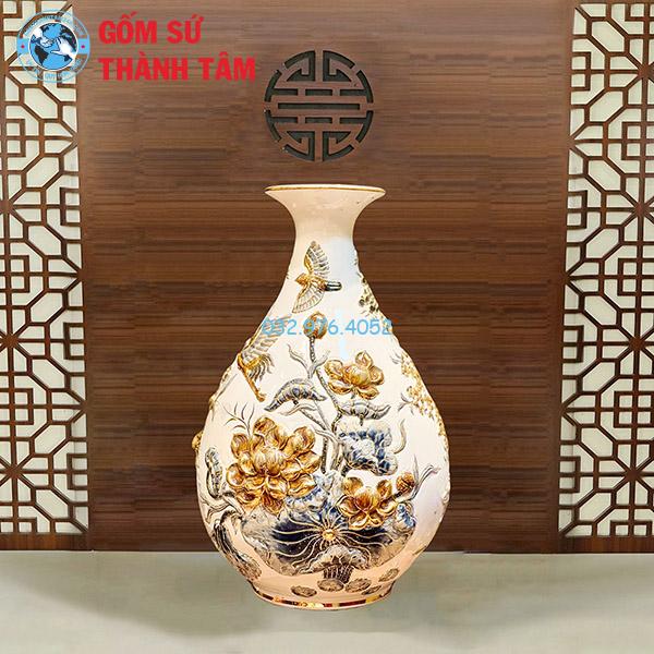Lục Bình Tỳ Bà Đắp Nổi Men Trắng Vẽ 24K Cao Cấp