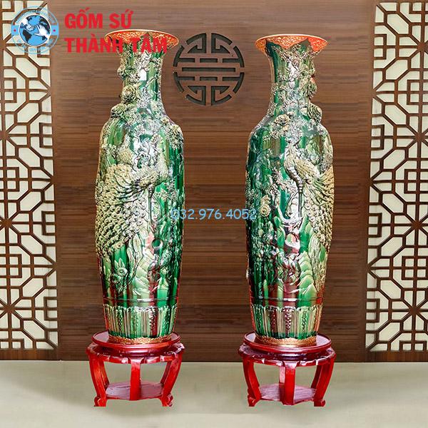 Lục Bình Xanh Ngọc Bọc Đồng Chim Công Phú Qúy