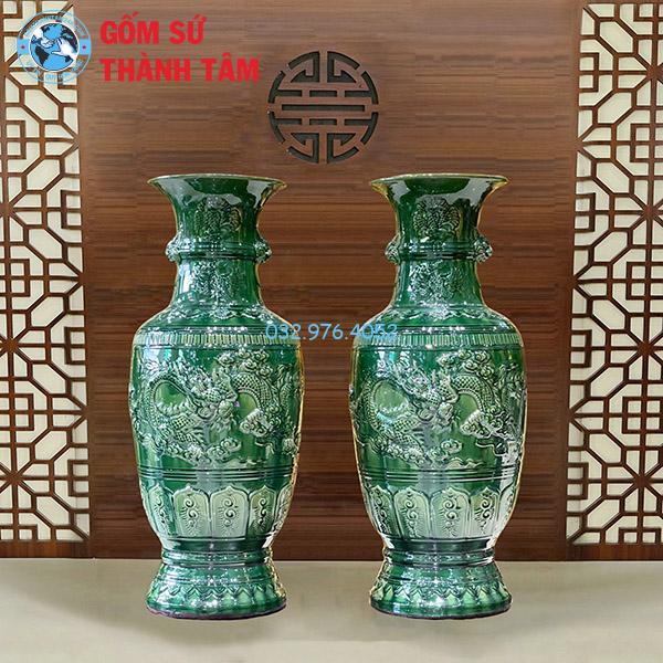 Lục Bình Xanh Ngọc Cỡ Trung Rồng Chầu Mặt Nguyệt