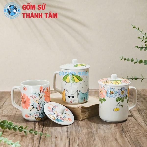 Ly Sứ Có Nắp Đậy Họa Tiết Hoa Lá