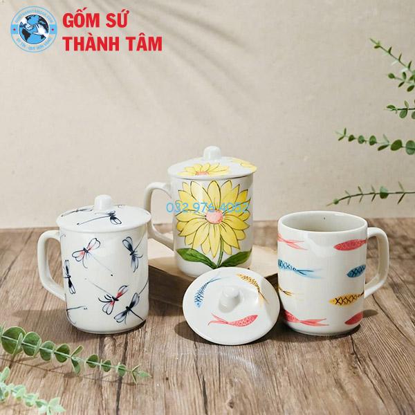 Ly Sứ Có Nắp Đậy Họa Tiết Hoa Lá
