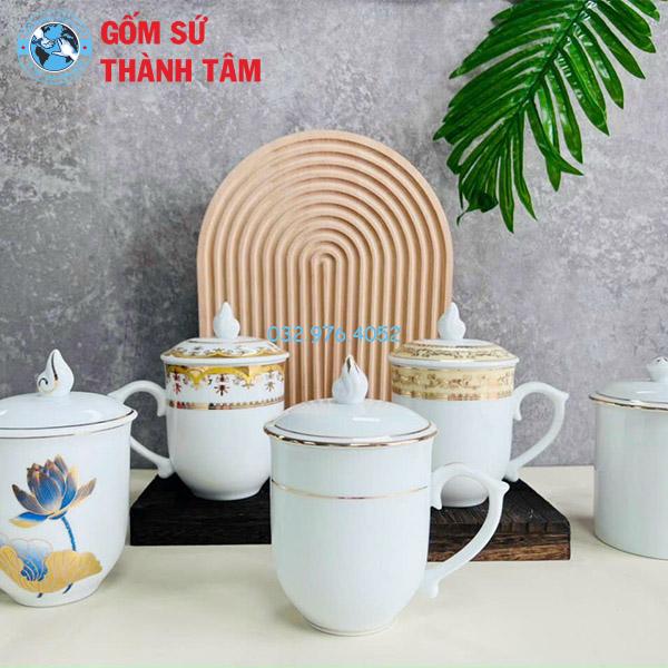 Ly Sứ Có Nắp Đậy Trắng Viền Vàng Kim