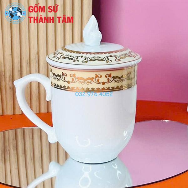 Ly Sứ Có Nắp Đậy Trắng Viền Vàng Kim